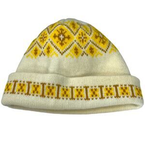 Vintage 70s Nordic Fair Isle Knit Beanie Hat Yellow Brown Ski Cap Winter OSFM